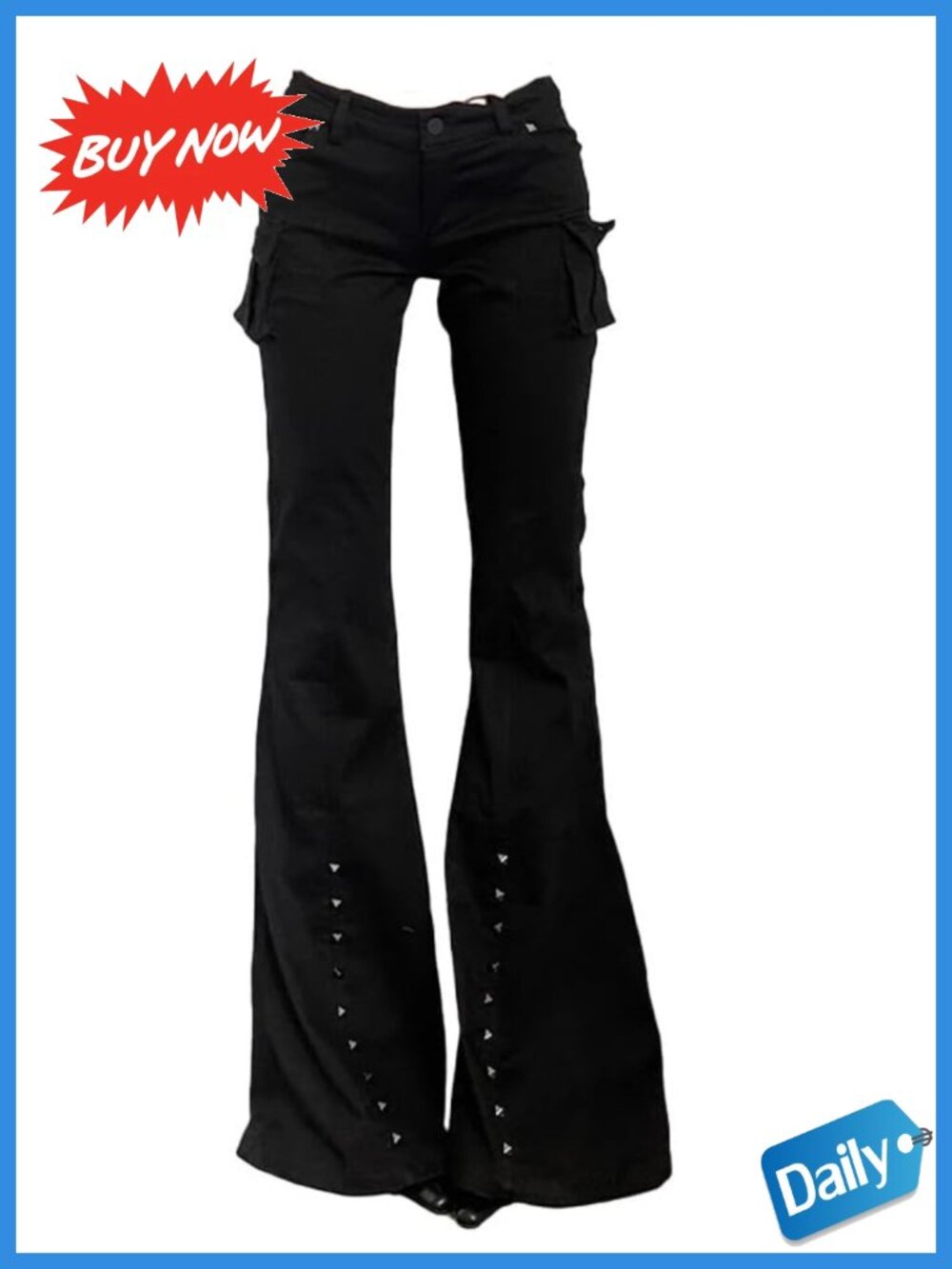 Women's Low Rise Flare Cargo Pants Studded Gothic Bell Bottoms Streetwear